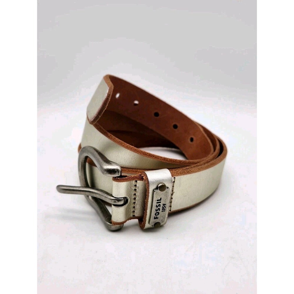 Vintage Genuine Leather Silver Fossil 1954 Logo Belt Unisex Size 40 Rare Chic
